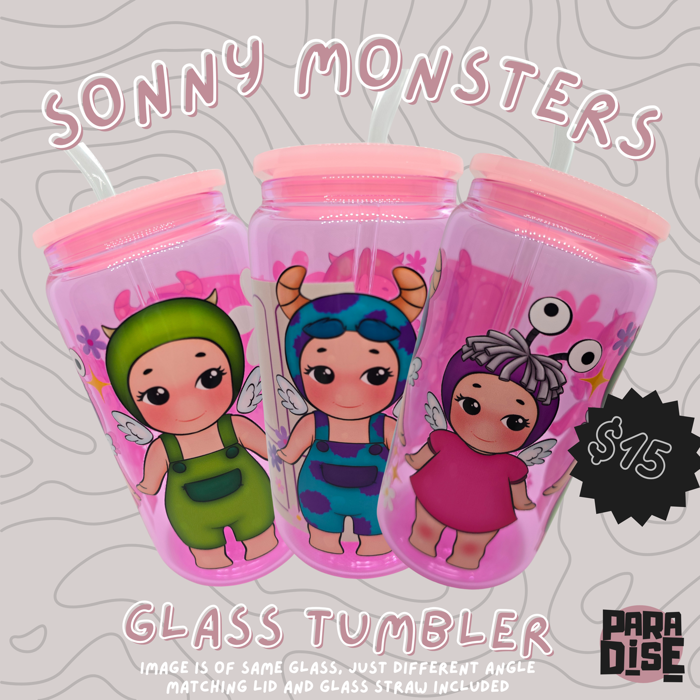 Sonny Monsters Pink Glass Tumbler 16 oz