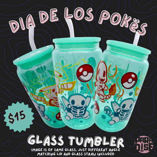 Dia De Los Pokés Teal Glass Tumbler 16 oz