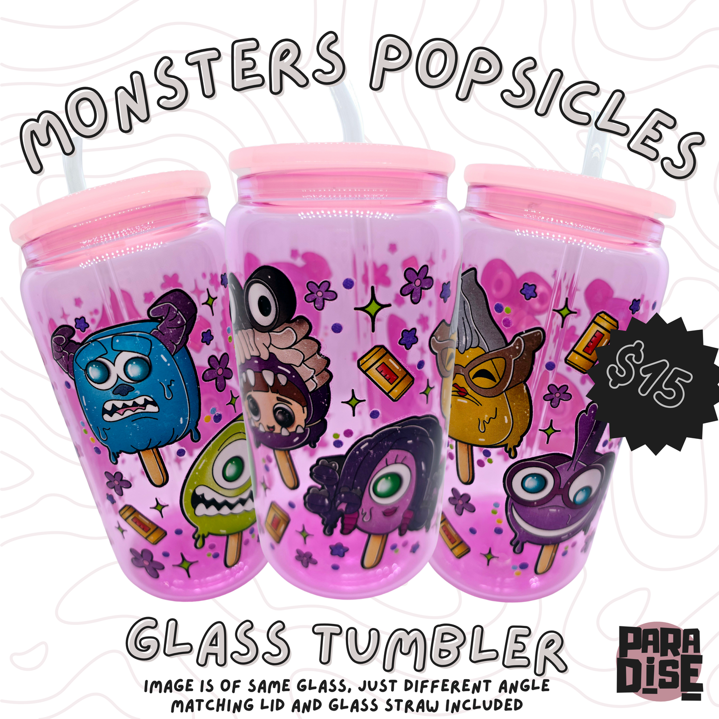 Monsters Popsicles Purple Glass Tumbler 16 oz